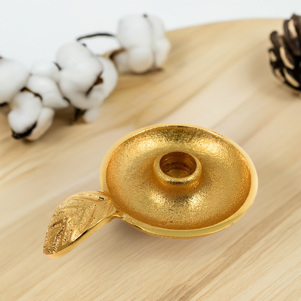 Vibhsa Gold Taper Candlestick Holder Dish | Leaf Handle, Rustic Gold, Aluminum | home Decor | Wiccan Center