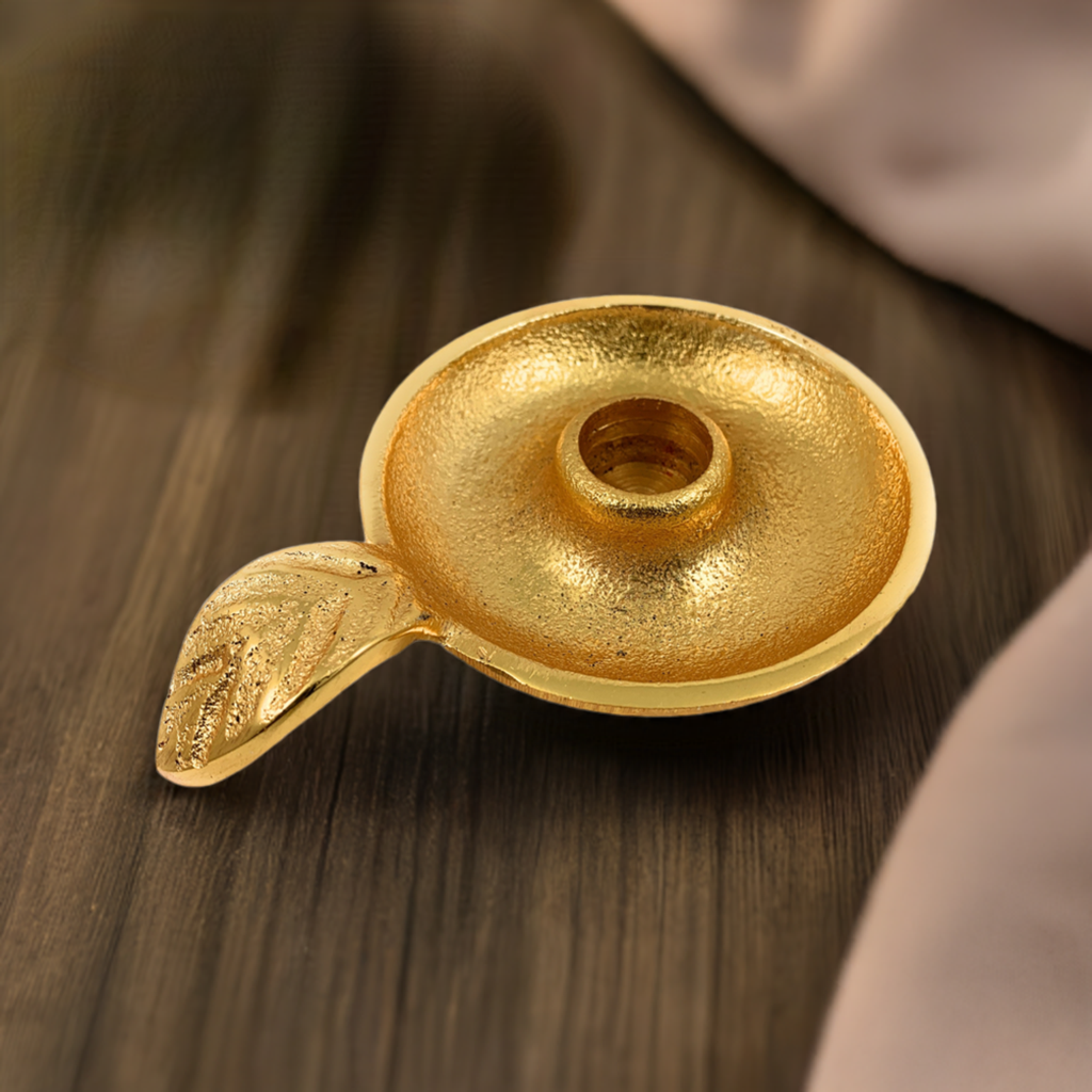 Vibhsa Gold Taper Candlestick Holder Dish | Leaf Handle, Rustic Gold, Aluminum | home Decor | Wiccan Center