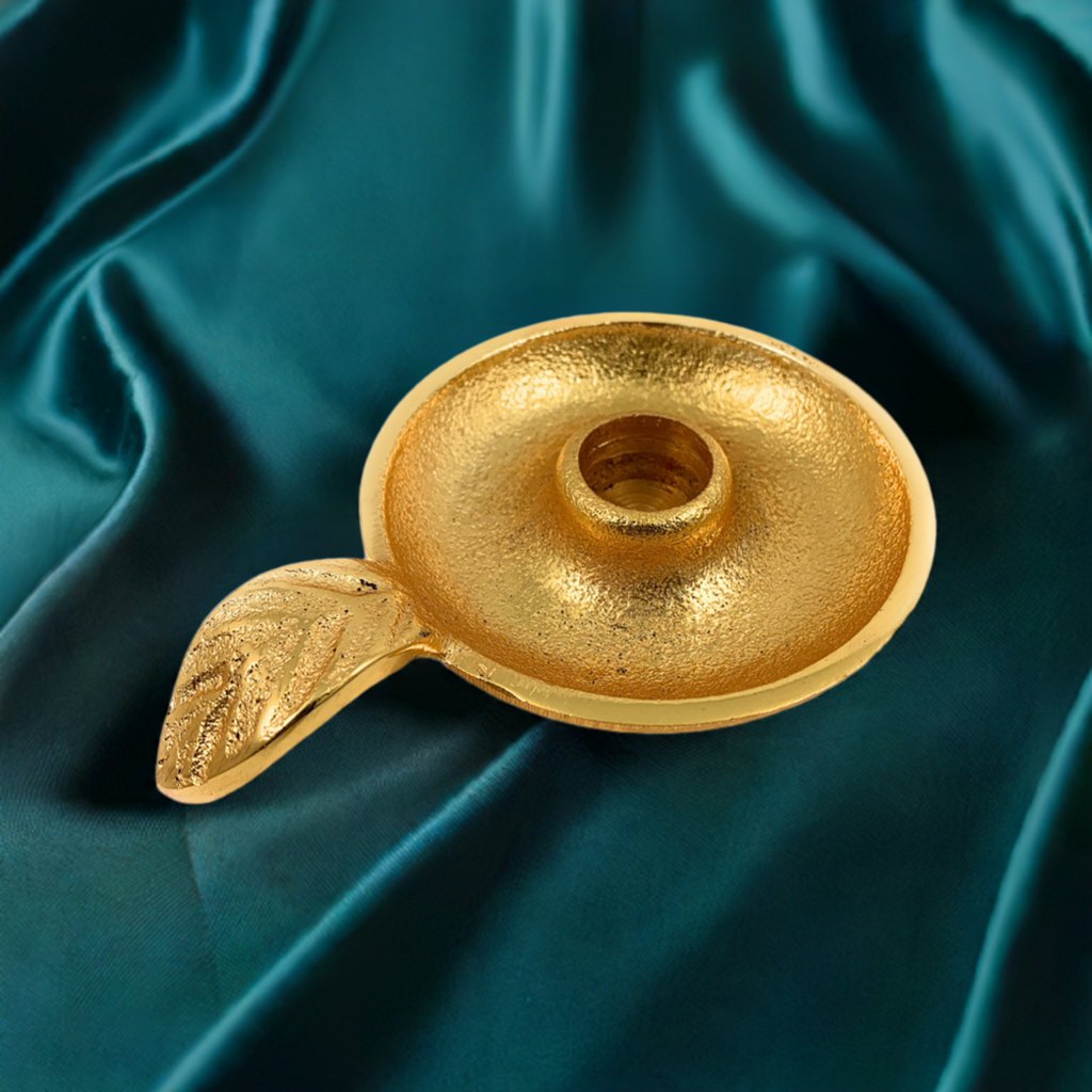 Vibhsa Gold Taper Candlestick Holder Dish | Leaf Handle, Rustic Gold, Aluminum | home Decor | Wiccan Center
