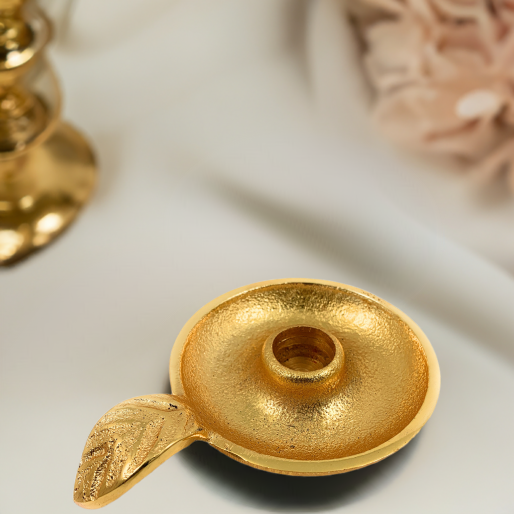 Vibhsa Gold Taper Candlestick Holder Dish | Leaf Handle, Rustic Gold, Aluminum | home Decor | Wiccan Center