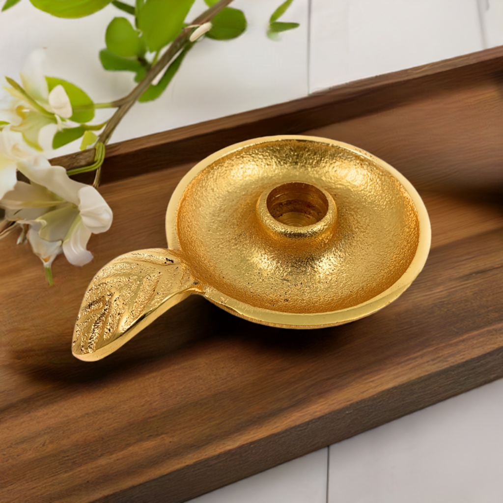 Vibhsa Gold Taper Candlestick Holder Dish | Leaf Handle, Rustic Gold, Aluminum | home Decor | Wiccan Center