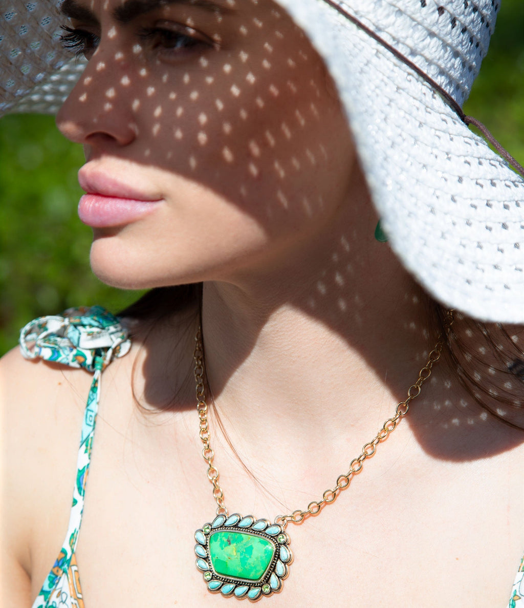 Legacy Lime Green and Blue Turquoise Golden Pendant Necklace | Necklaces | Wiccan Center