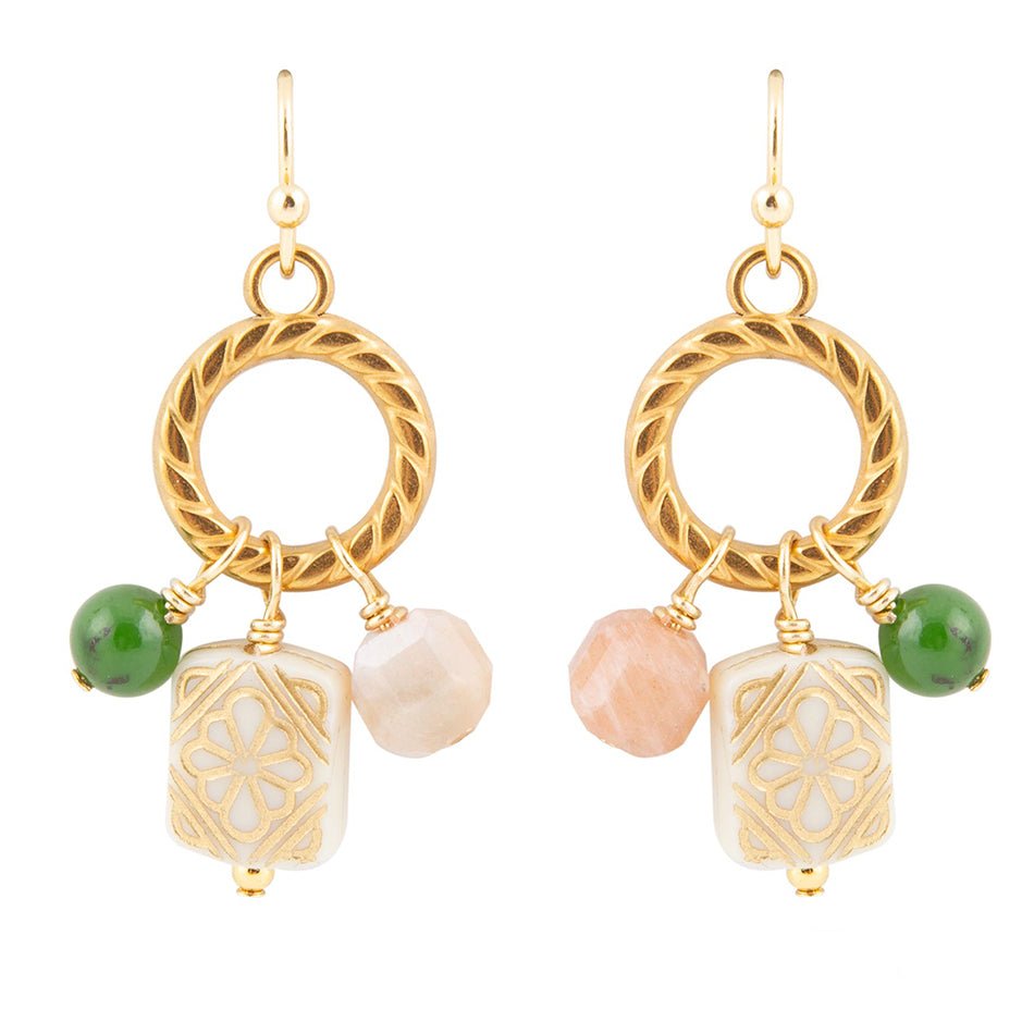 Green Jade and Pink Sunstone Golden Drop Earrings | Earrings | Wiccan Center
