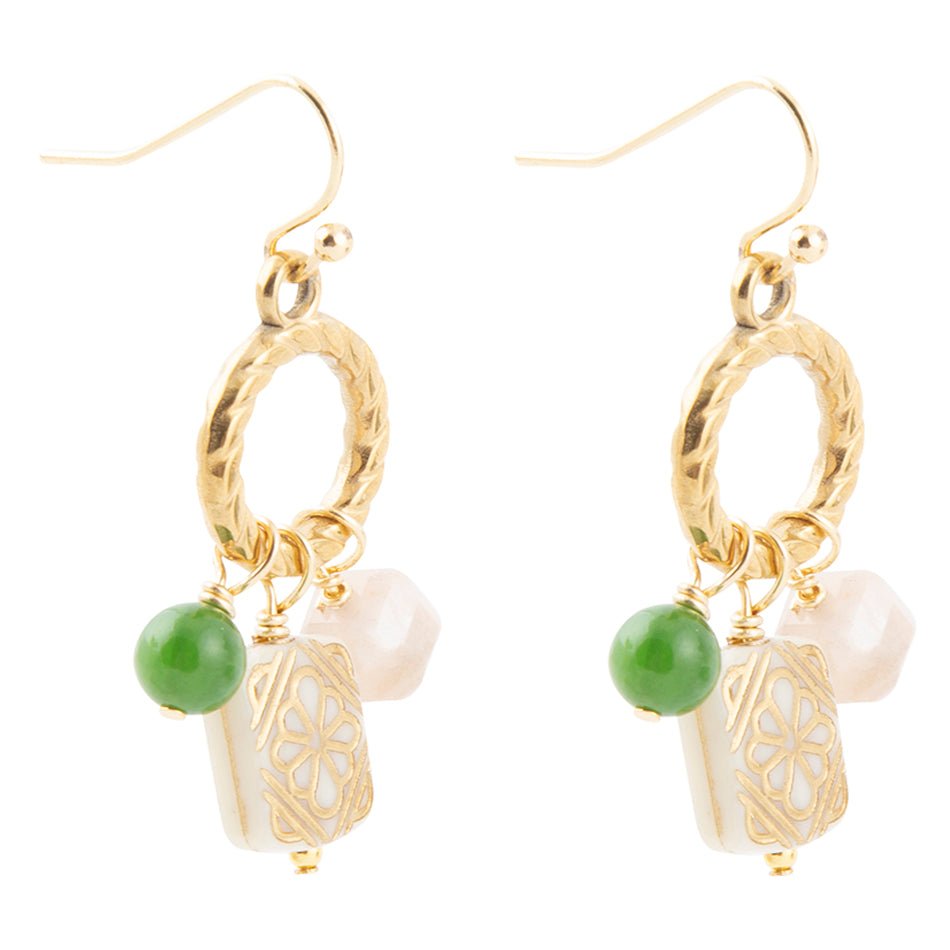 Green Jade and Pink Sunstone Golden Drop Earrings | Earrings | Wiccan Center