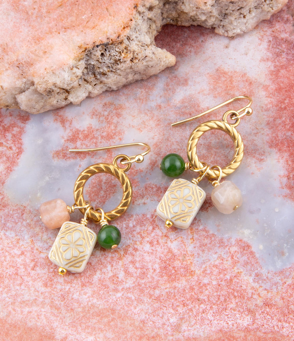 Green Jade and Pink Sunstone Golden Drop Earrings | Earrings | Wiccan Center