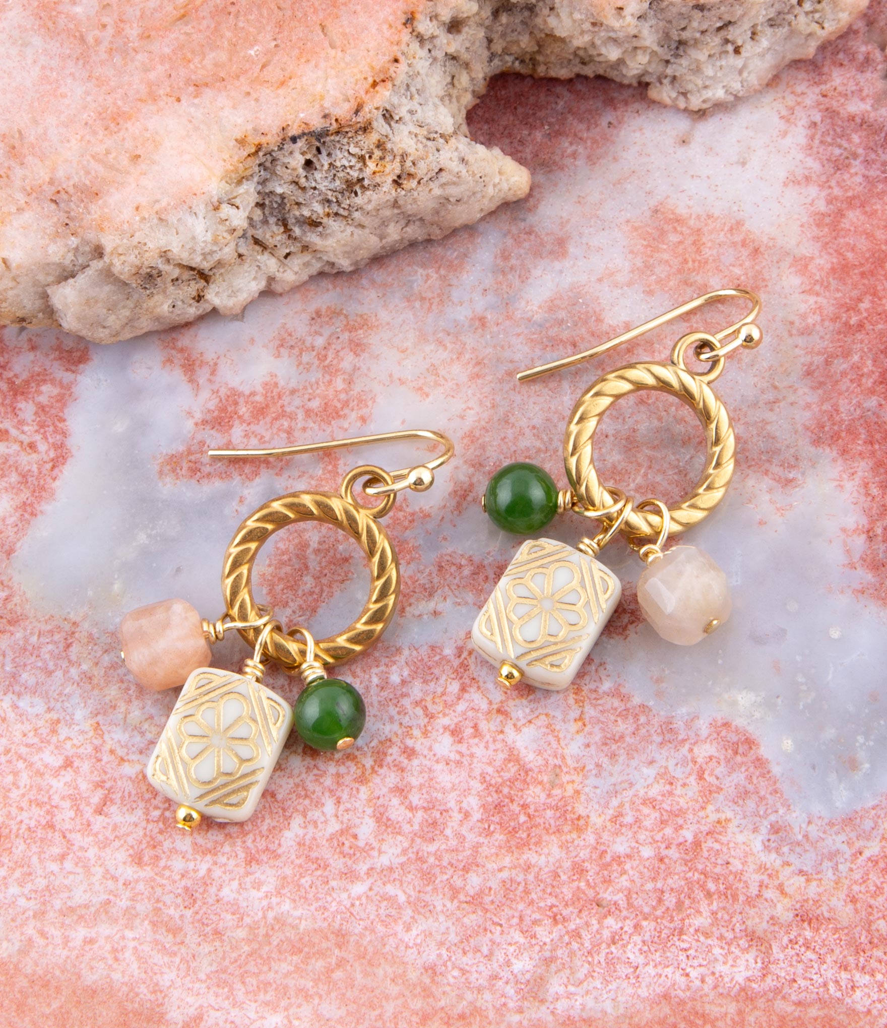 Green Jade and Pink Sunstone Golden Drop Earrings | Earrings | Wiccan Center