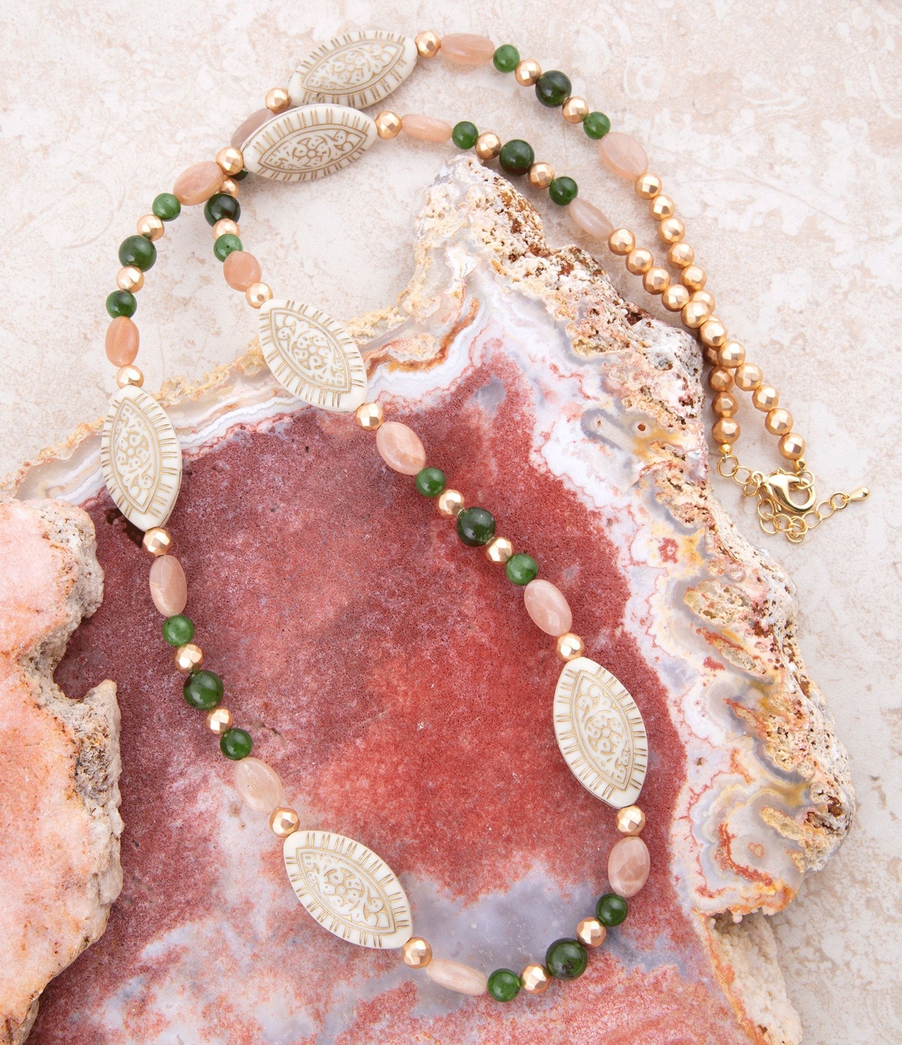 Green Jade and Pink Sunstone Golden Necklace | Necklaces | Wiccan Center