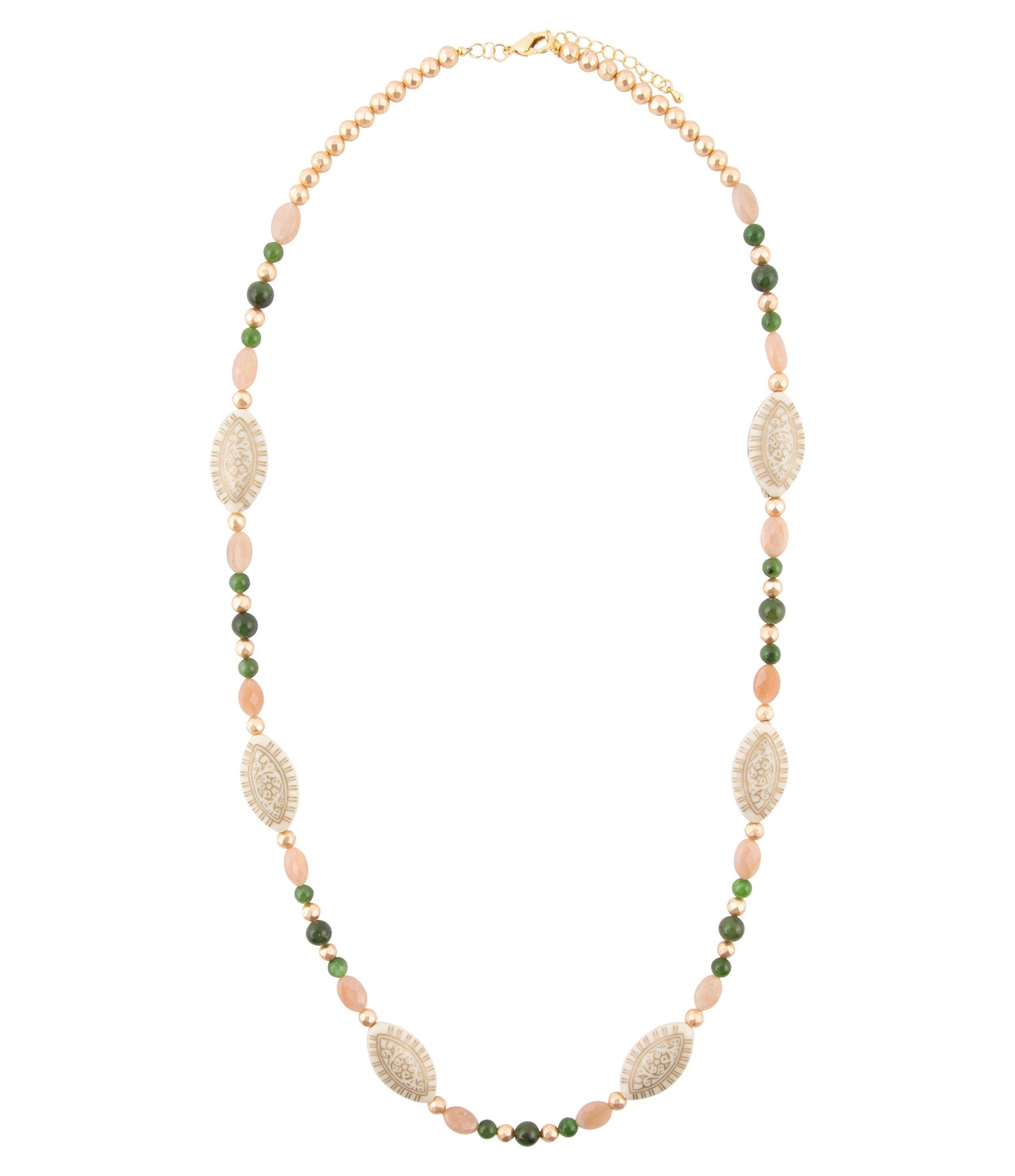 Green Jade and Pink Sunstone Golden Necklace | Necklaces | Wiccan Center