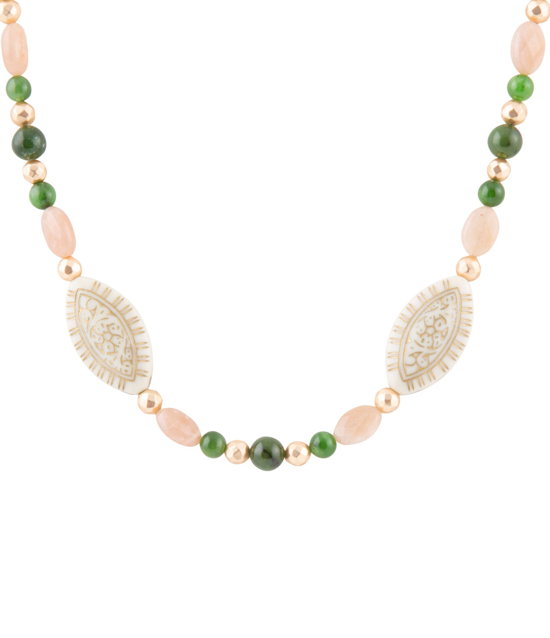 Green Jade and Pink Sunstone Golden Necklace | Necklaces | Wiccan Center