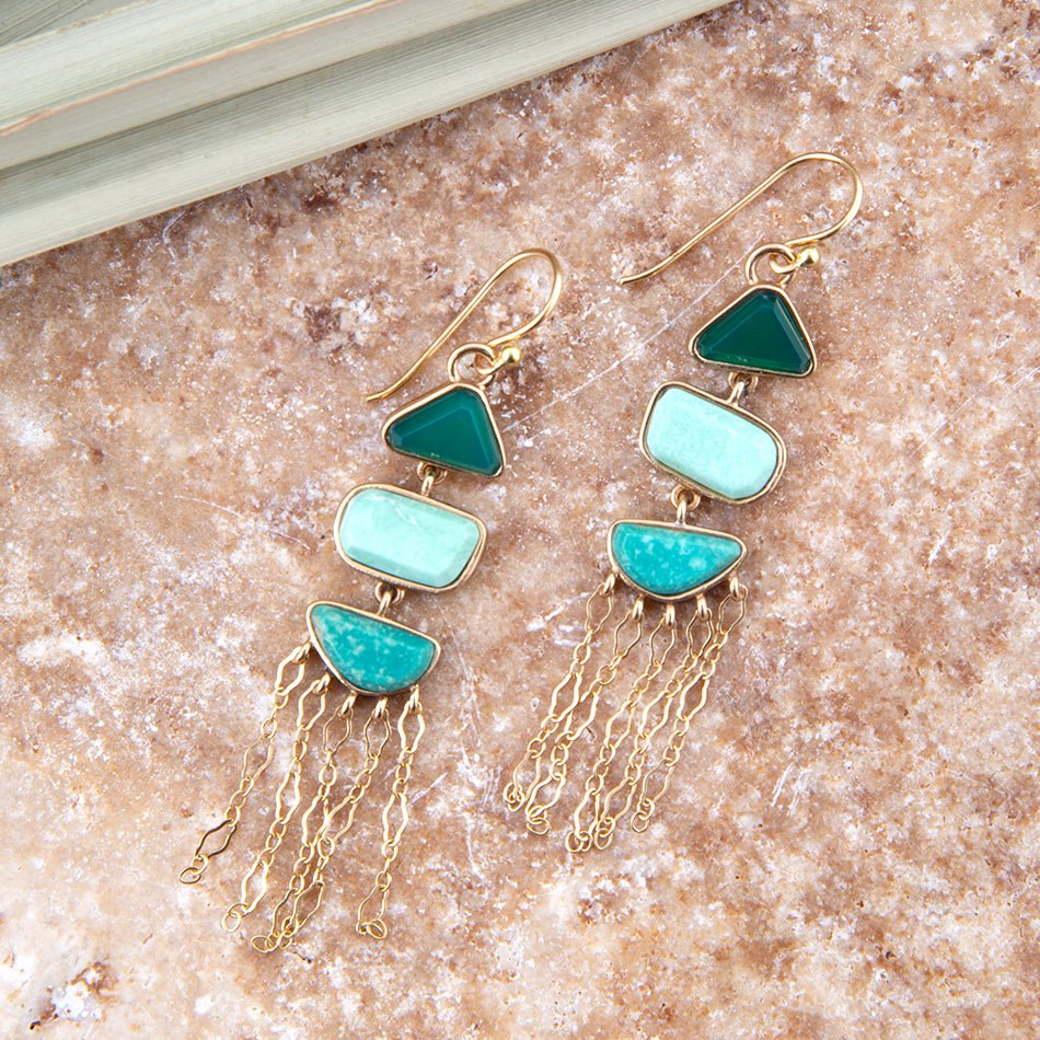 Green Multi Stone Golden Drop Earrings | Earrings | Wiccan Center