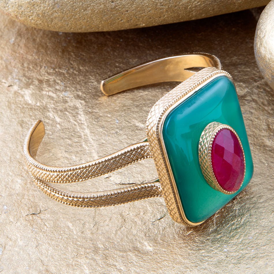 Green Onyx Stacked Red Quartz Golden Cuff Bracelet | Bracelets | Wiccan Center