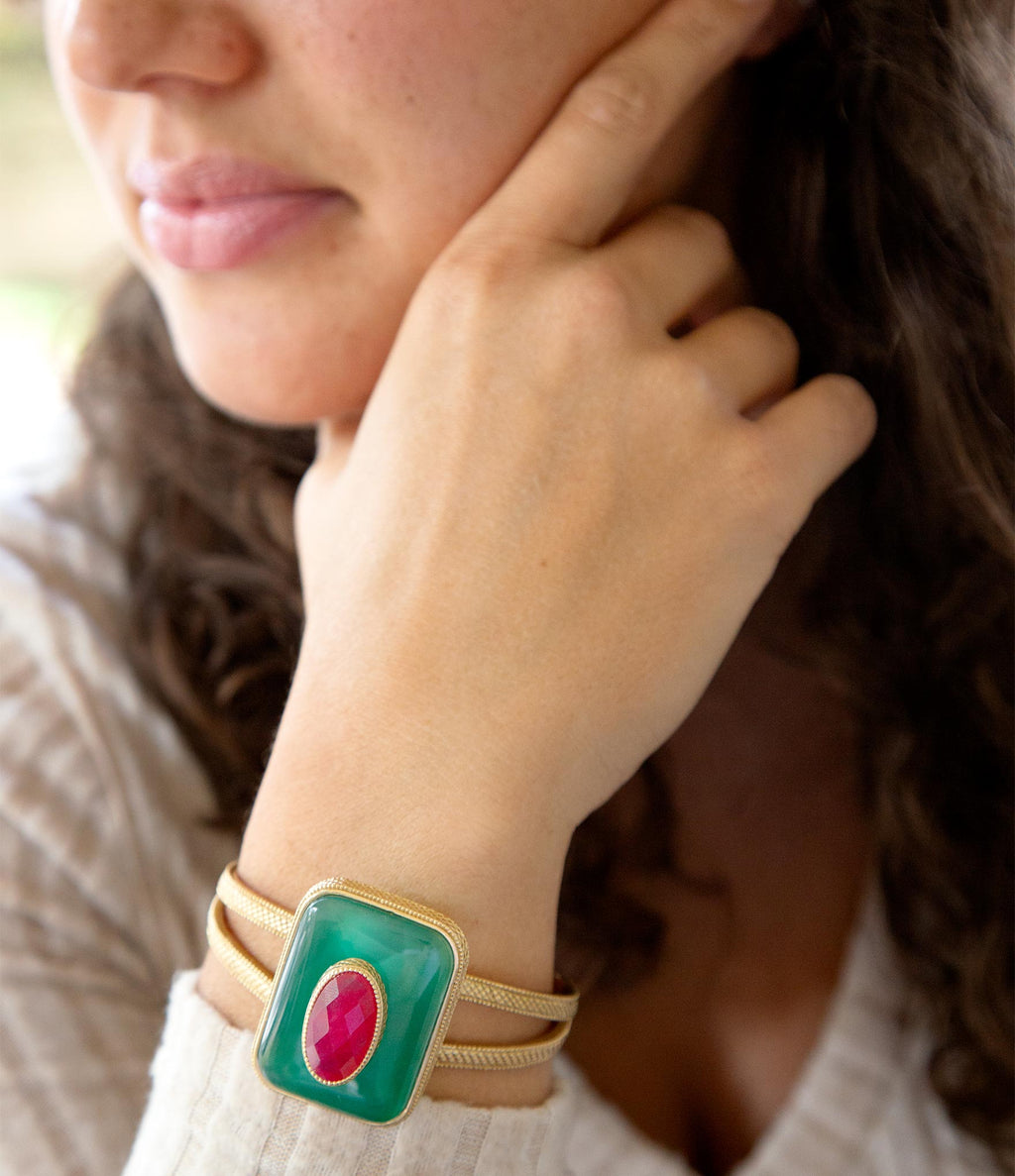 Green Onyx Stacked Red Quartz Golden Cuff Bracelet | Bracelets | Wiccan Center