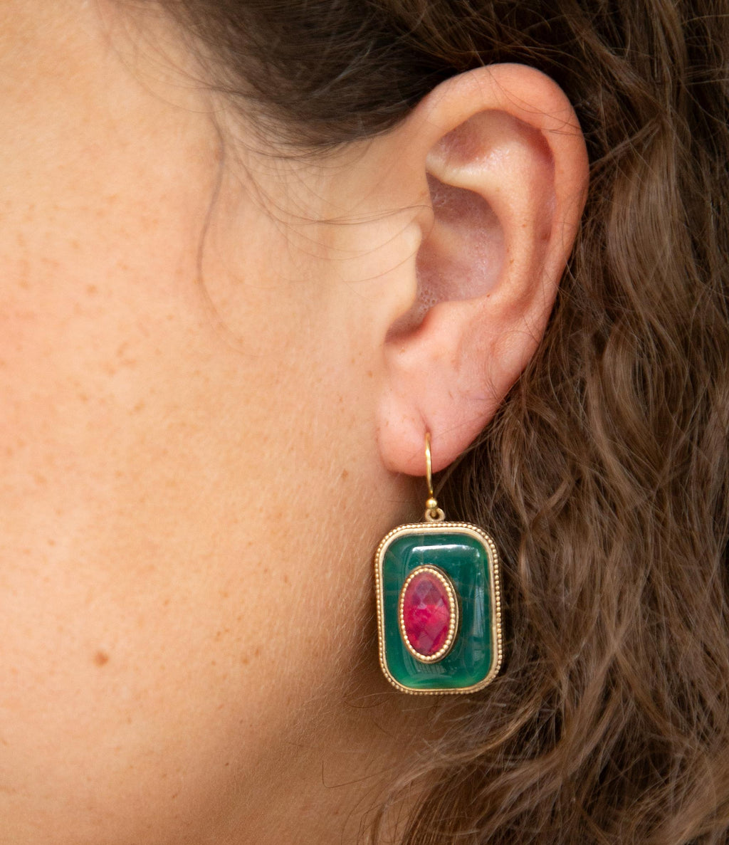 Green Onyx Stacked Red Stone Golden Drop Earrings | Earrings | Wiccan Center