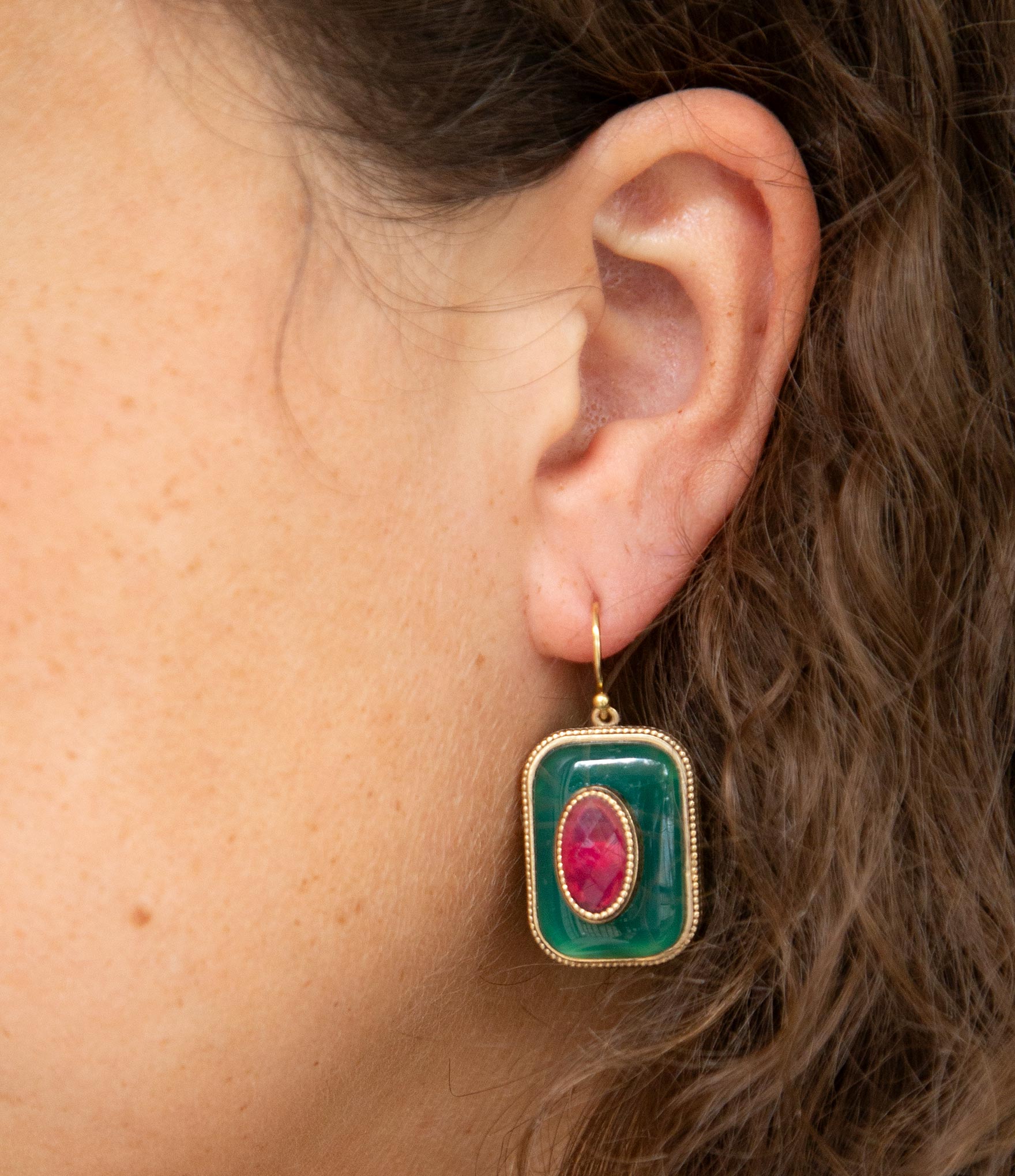 Green Onyx Stacked Red Stone Golden Drop Earrings | Earrings | Wiccan Center