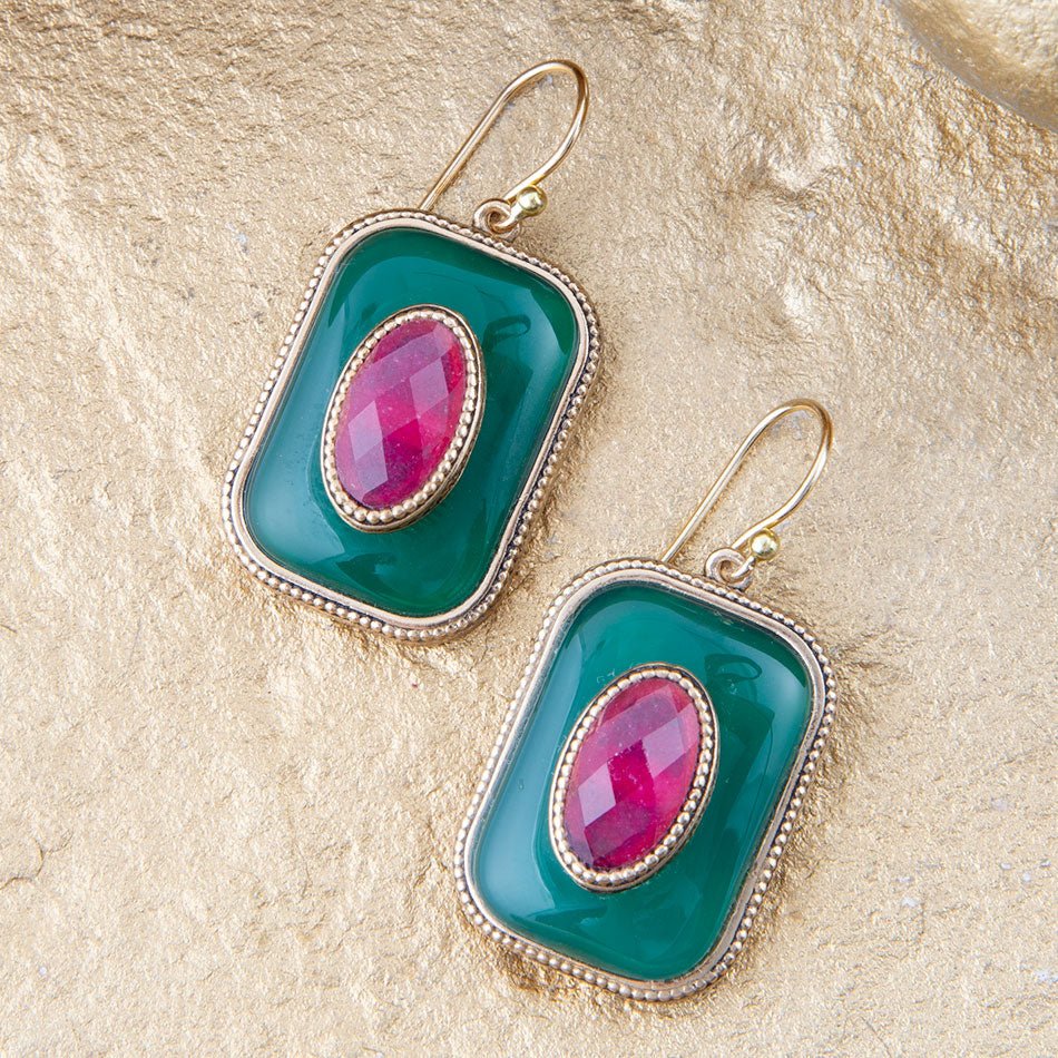 Green Onyx Stacked Red Stone Golden Drop Earrings | Earrings | Wiccan Center