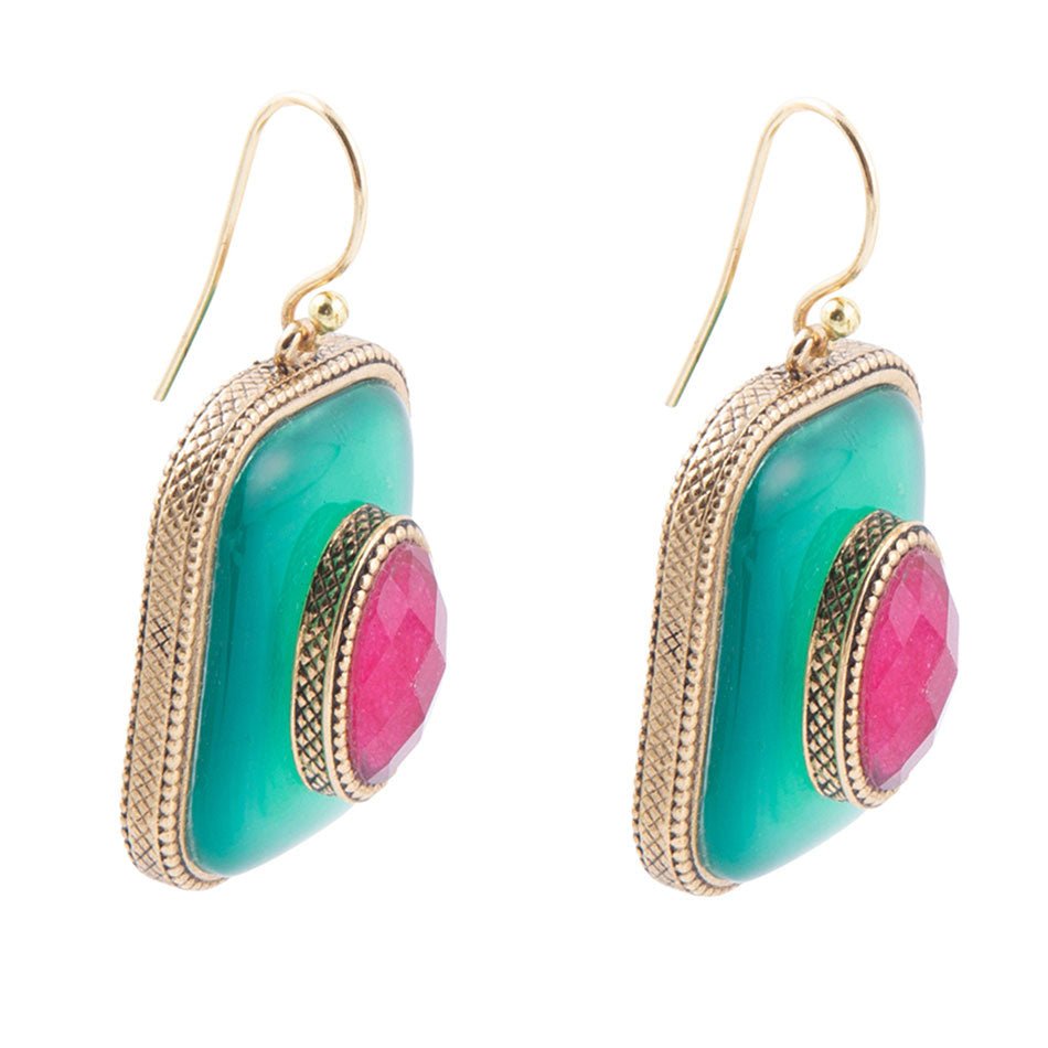 Green Onyx Stacked Red Stone Golden Drop Earrings | Earrings | Wiccan Center