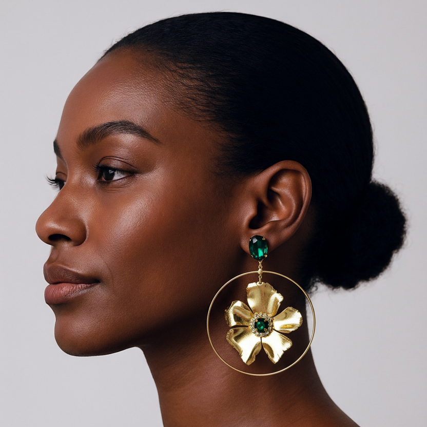 Hayden Emerald Gold Flower Hoop Earrings
