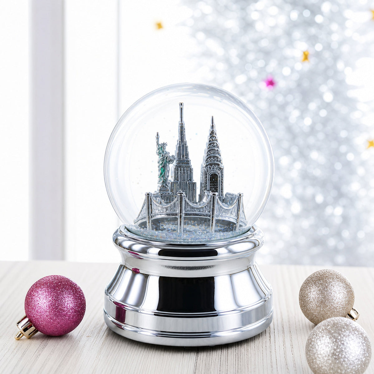 New York City Skyline with Silver Base Water Snow Globe | Snow Globes > Travel | Wiccan Center