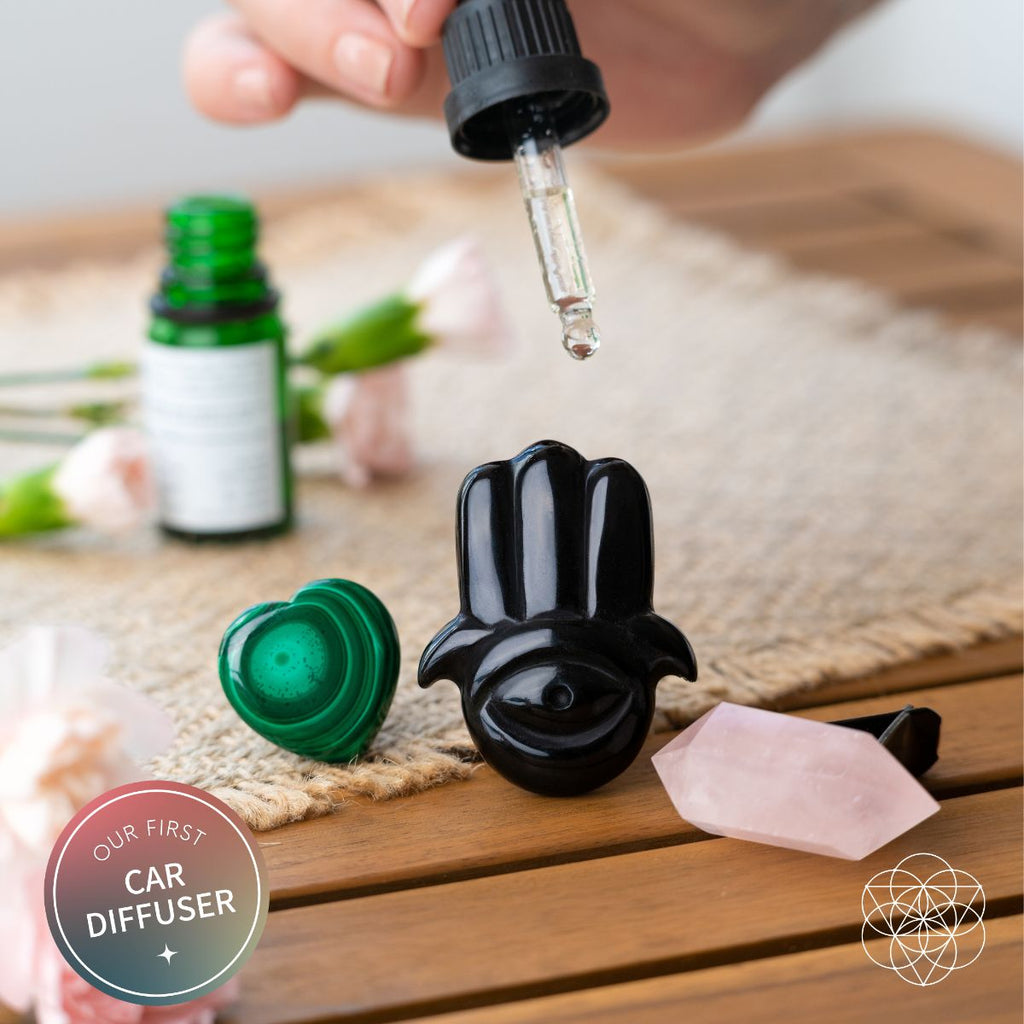 Hamsa Hand of Safe Travels: Aromatherapy Crystal Car Kit | Crystal set | Wiccan Center