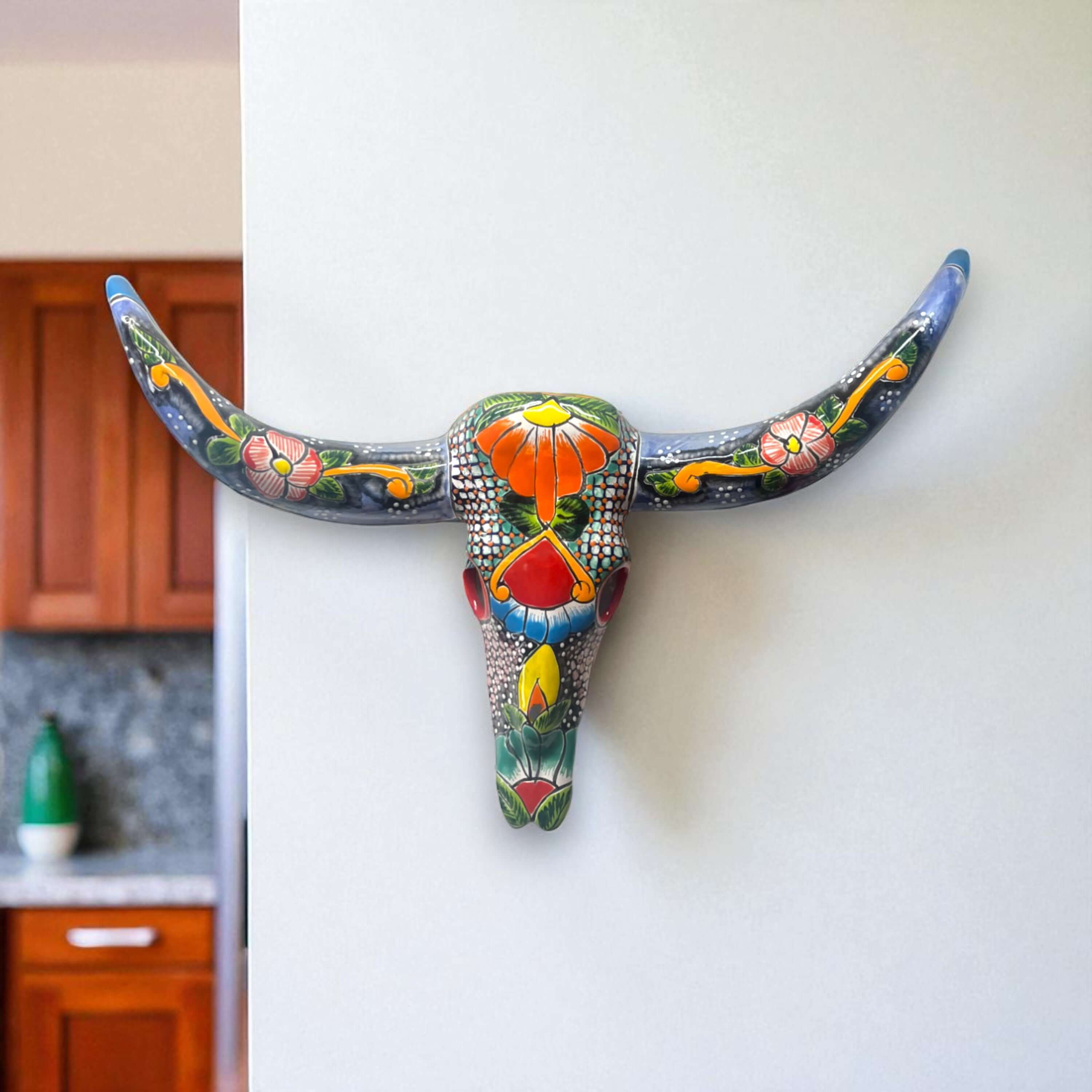 Talavera Longhorn Wall Decor | Handcrafted Mexican Bull Skull Art | Talavera Wall Art | Wiccan Center