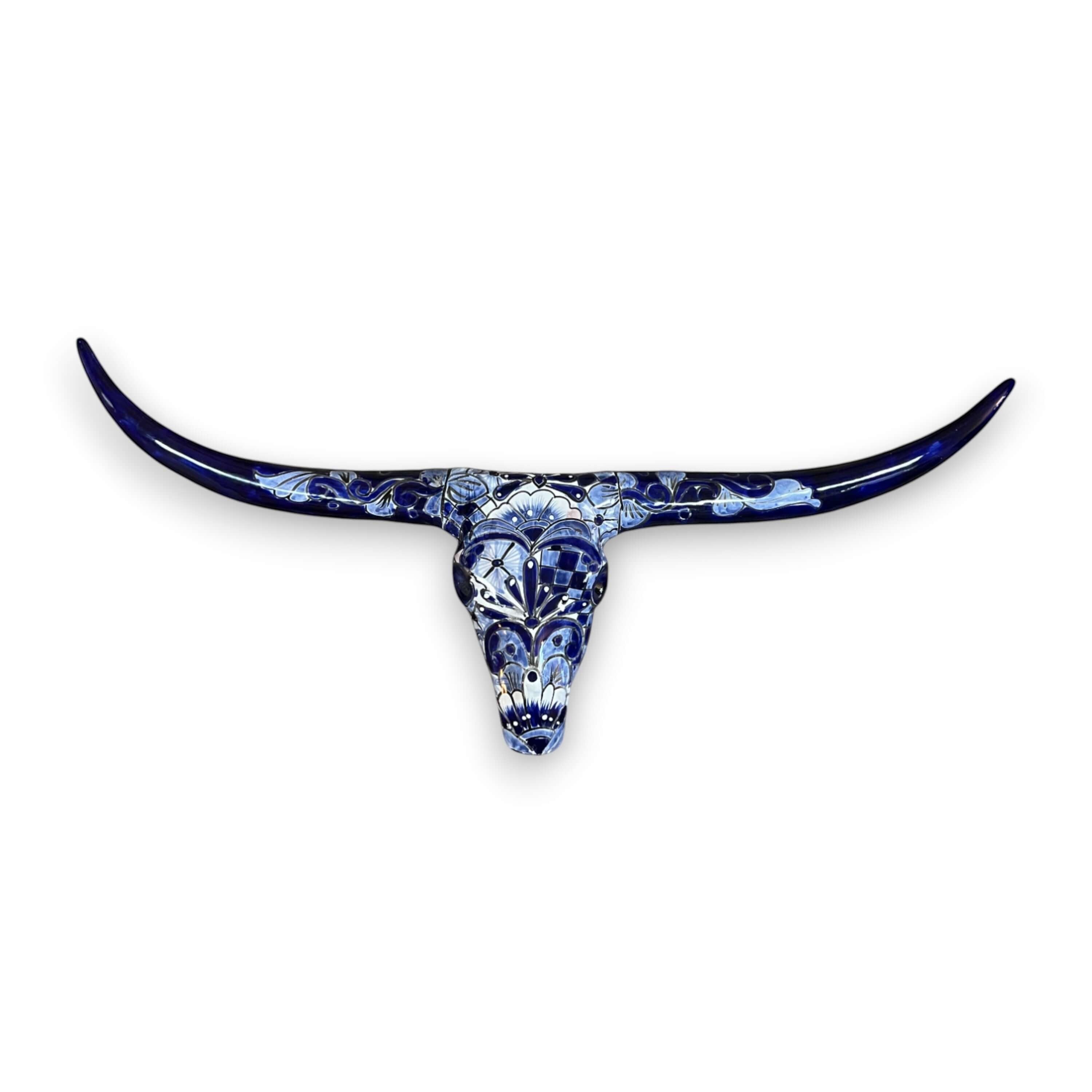 Talavera Longhorn Skull | Blue & White Mexican Wall Art | Talavera Wall Art | Wiccan Center