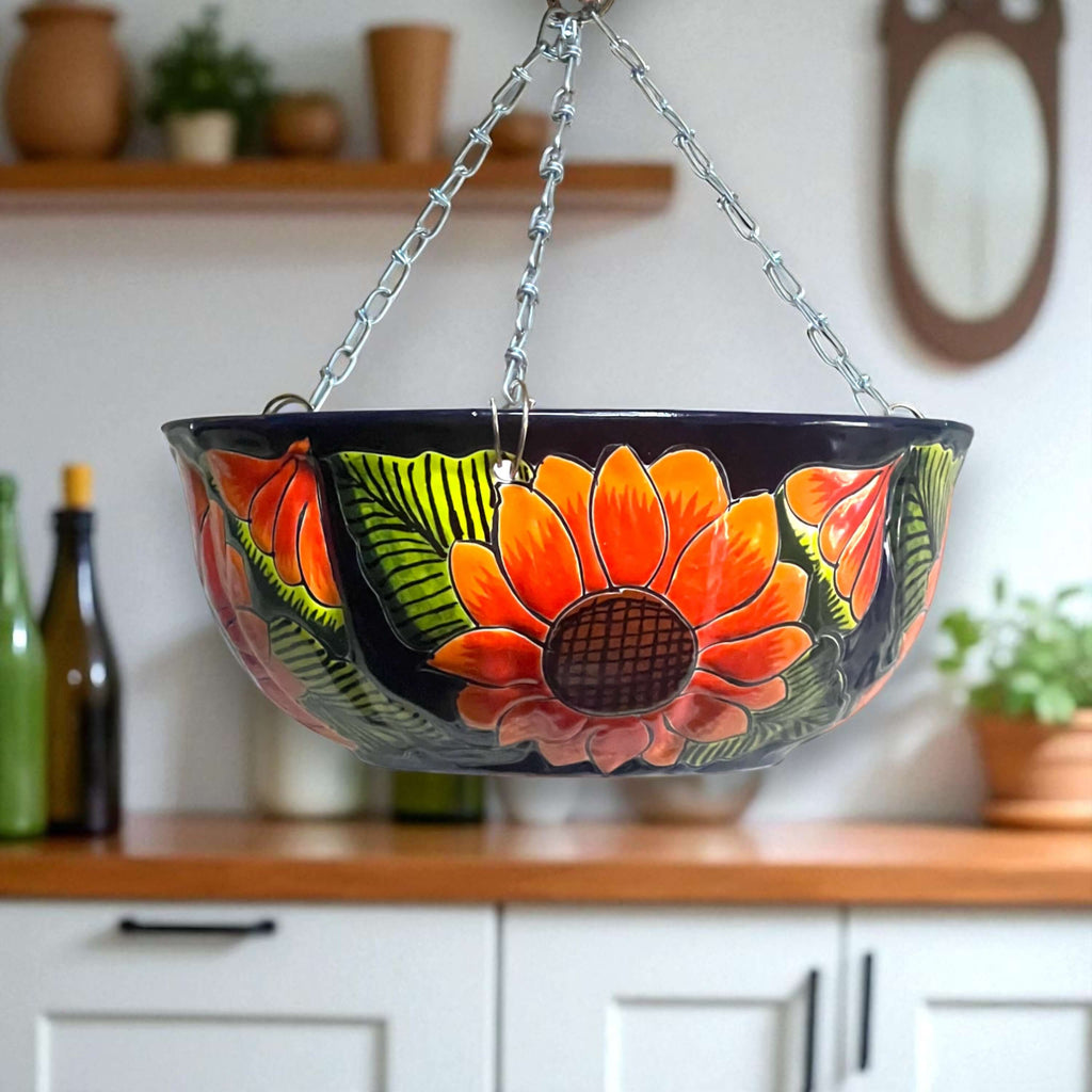 Vibrant Talavera Sunflower Hanging Planter | Artisan Pot | Talavera Flower Pot | Wiccan Center