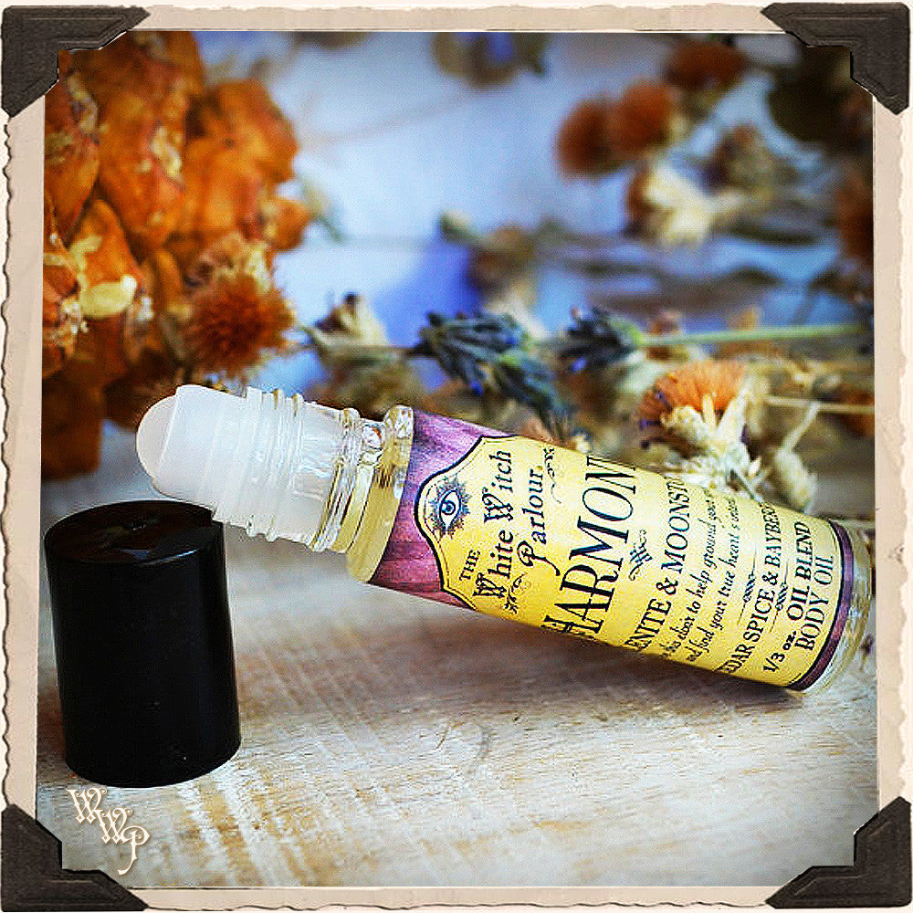 HARMONY Elixir BODY OIL Rollon. Scent of Cedar, Spice & Bayberry. Blessed by Selenite ,Moonstone Crystals. | aromatherapy, perfume, oils | Wiccan Center