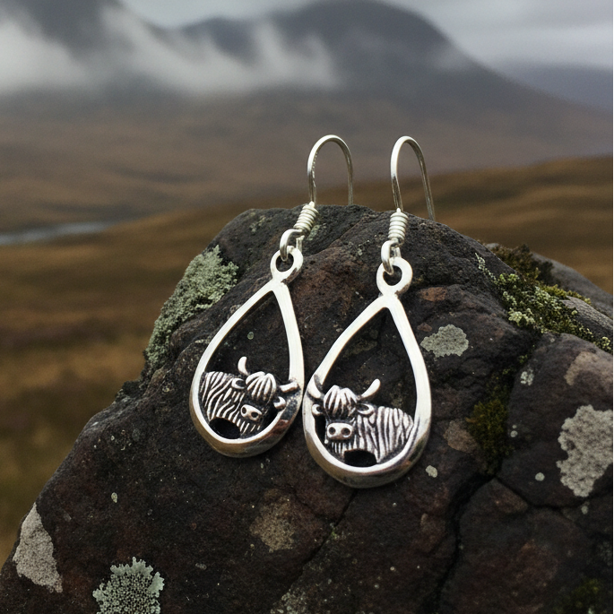 Galloway Scottish Highland Cow Earrings in Sterling Silver | Dangle Earrings | Wiccan Center