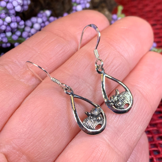 Galloway Scottish Highland Cow Earrings in Sterling Silver | Dangle Earrings | Wiccan Center