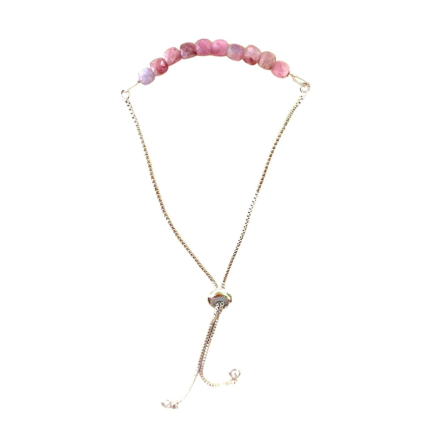 Pink Tourmaline Bracelet Faceted Round Beads with Adjustable Chain (October) | Bracelets | Wiccan Center