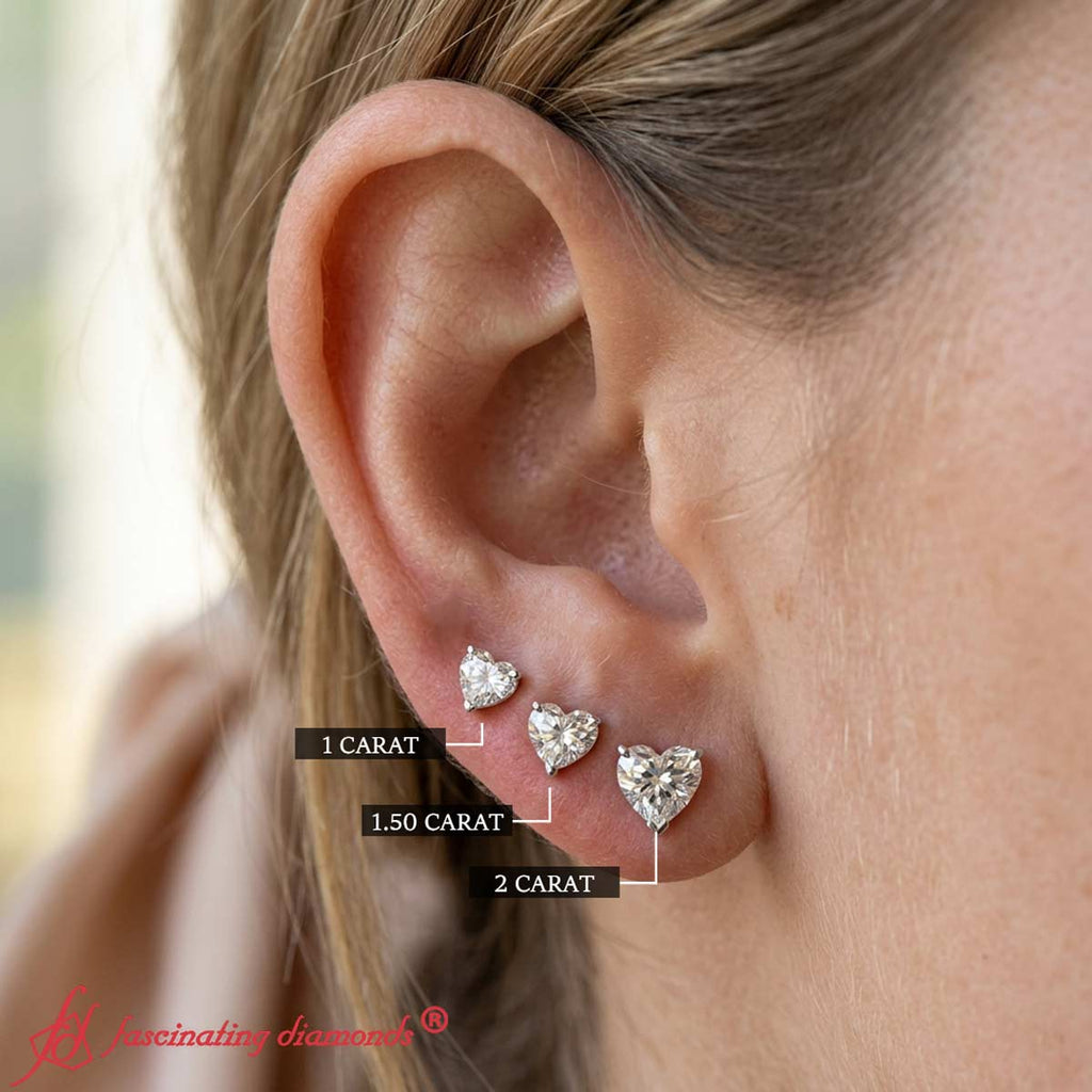 3 Prong Heart Shaped Diamond Solitaire Stud Earring in Basket Setting