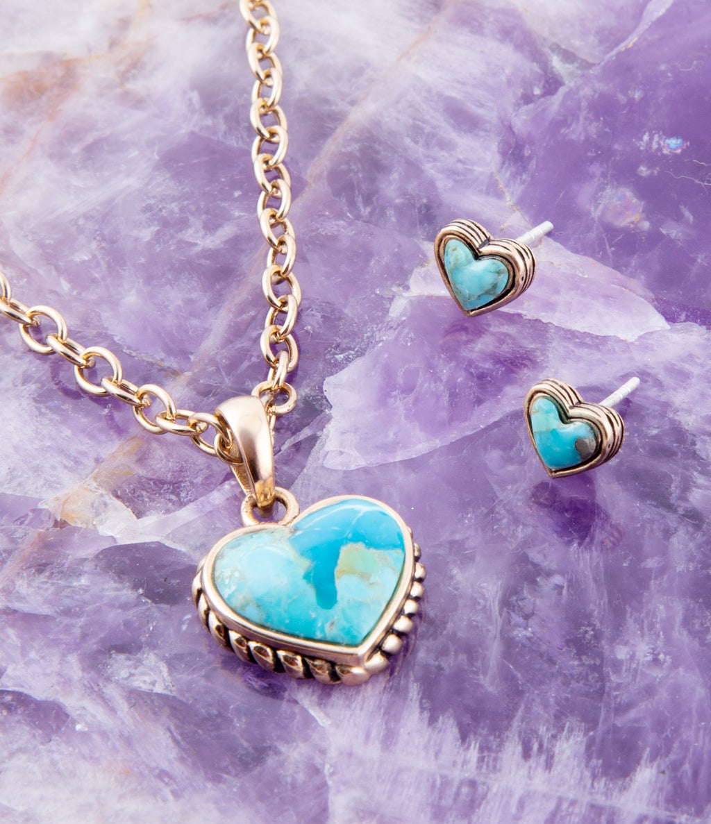 Heart Blue Turquoise Golden Stud Earrings | Earrings | Wiccan Center