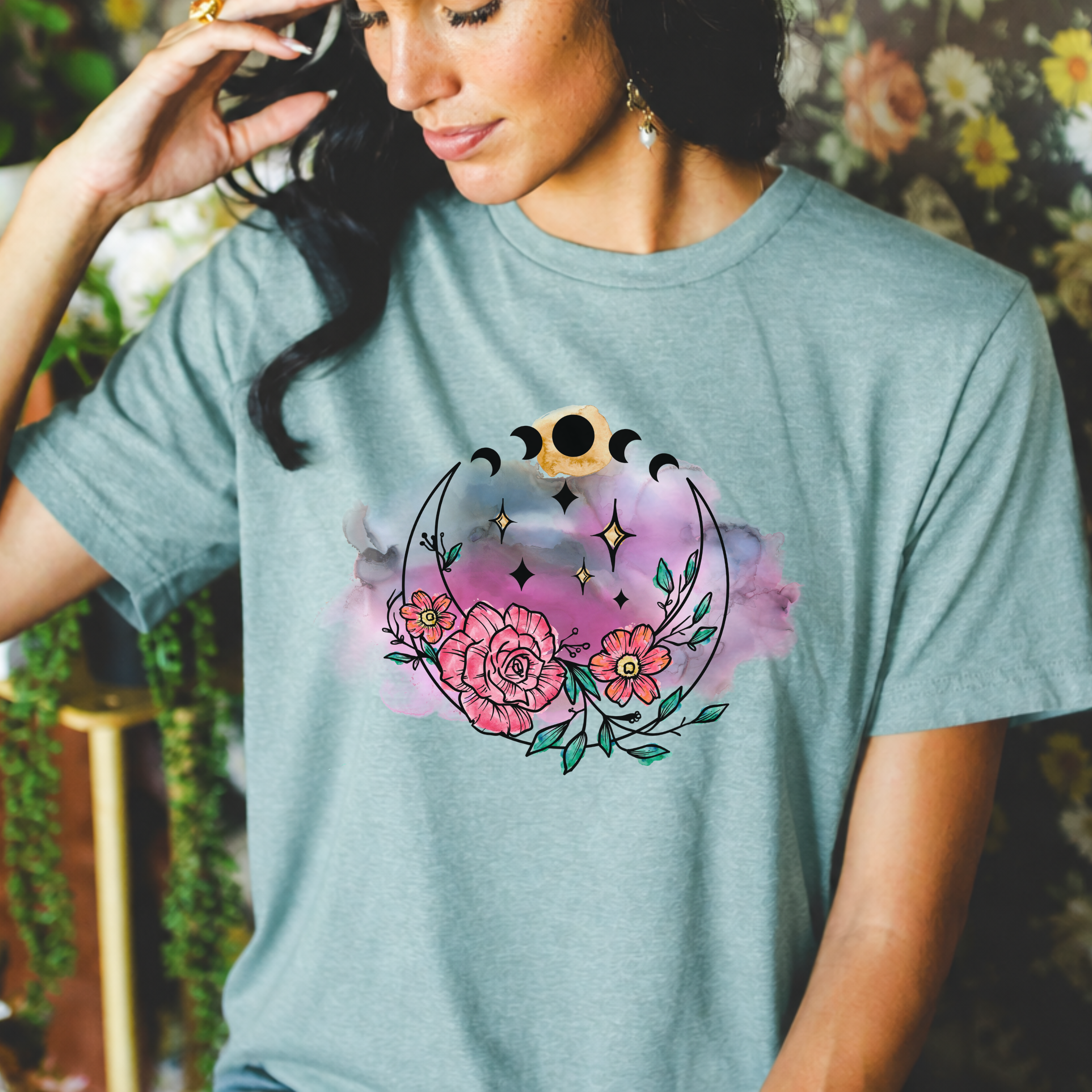 Flowering Full Moon Tee | Floral Celestial Graphic T-Shirt