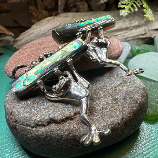 Hang Tight Abalone Frog Earrings in Sterling Silver | Dangle Earrings | Wiccan Center
