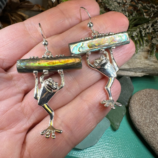 Hang Tight Abalone Frog Earrings in Sterling Silver | Dangle Earrings | Wiccan Center