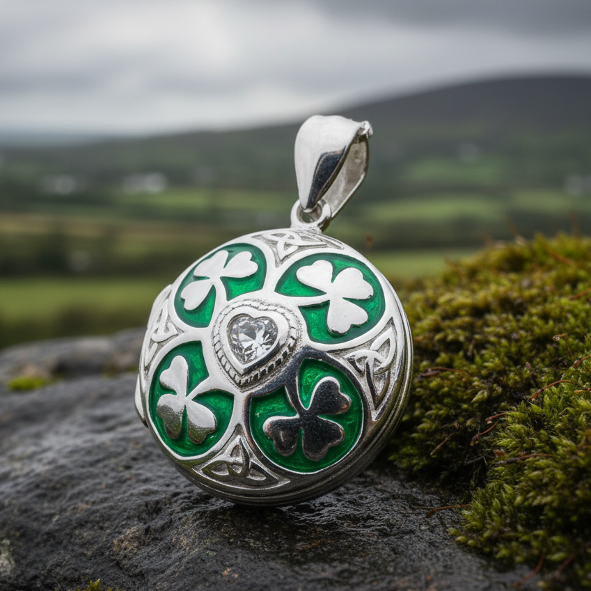 Irish Shamrock Locket Necklace in Sterling Silver