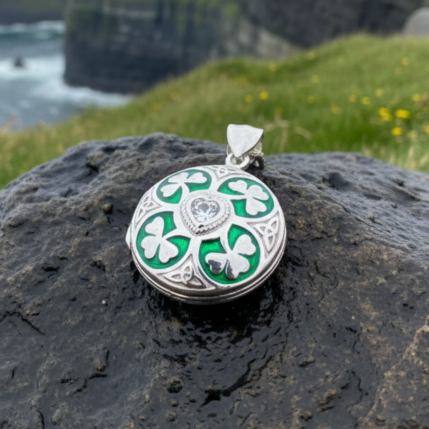 Irish Shamrock Locket Necklace in Sterling Silver
