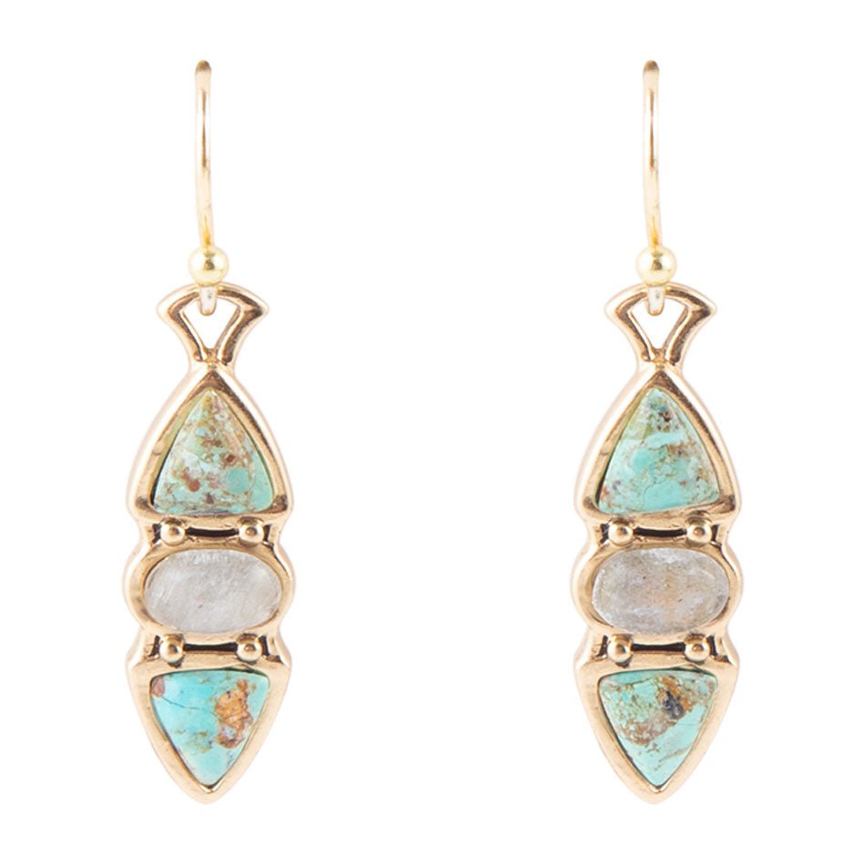 Blue Turquoise and Grey Labradorite Golden Drop Earrings | Earrings | Wiccan Center