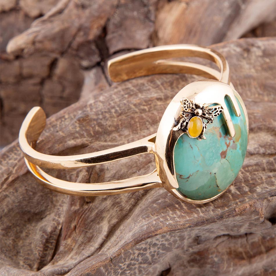 Honey Bee Blue Turquoise Golden Cuff Bracelet | Bracelets | Wiccan Center