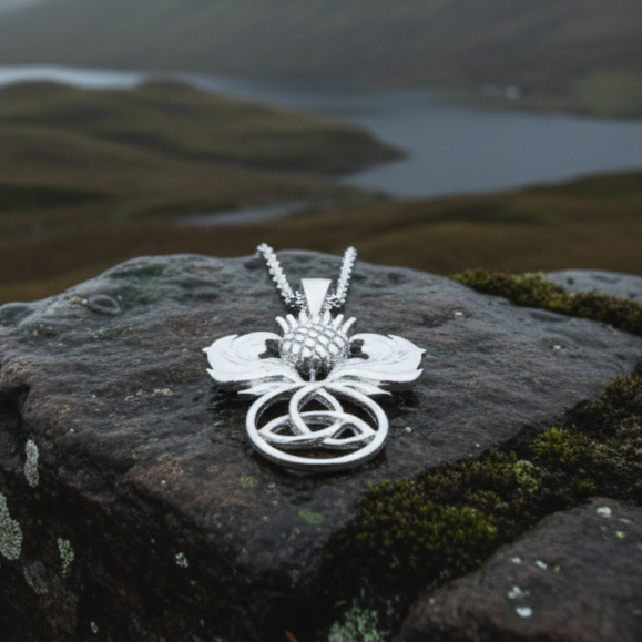 Scottish Thistle Trinity Knot Necklace in Sterling Silver | Pendant | Wiccan Center