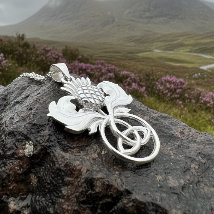 Scottish Thistle Trinity Knot Necklace in Sterling Silver | Pendant | Wiccan Center