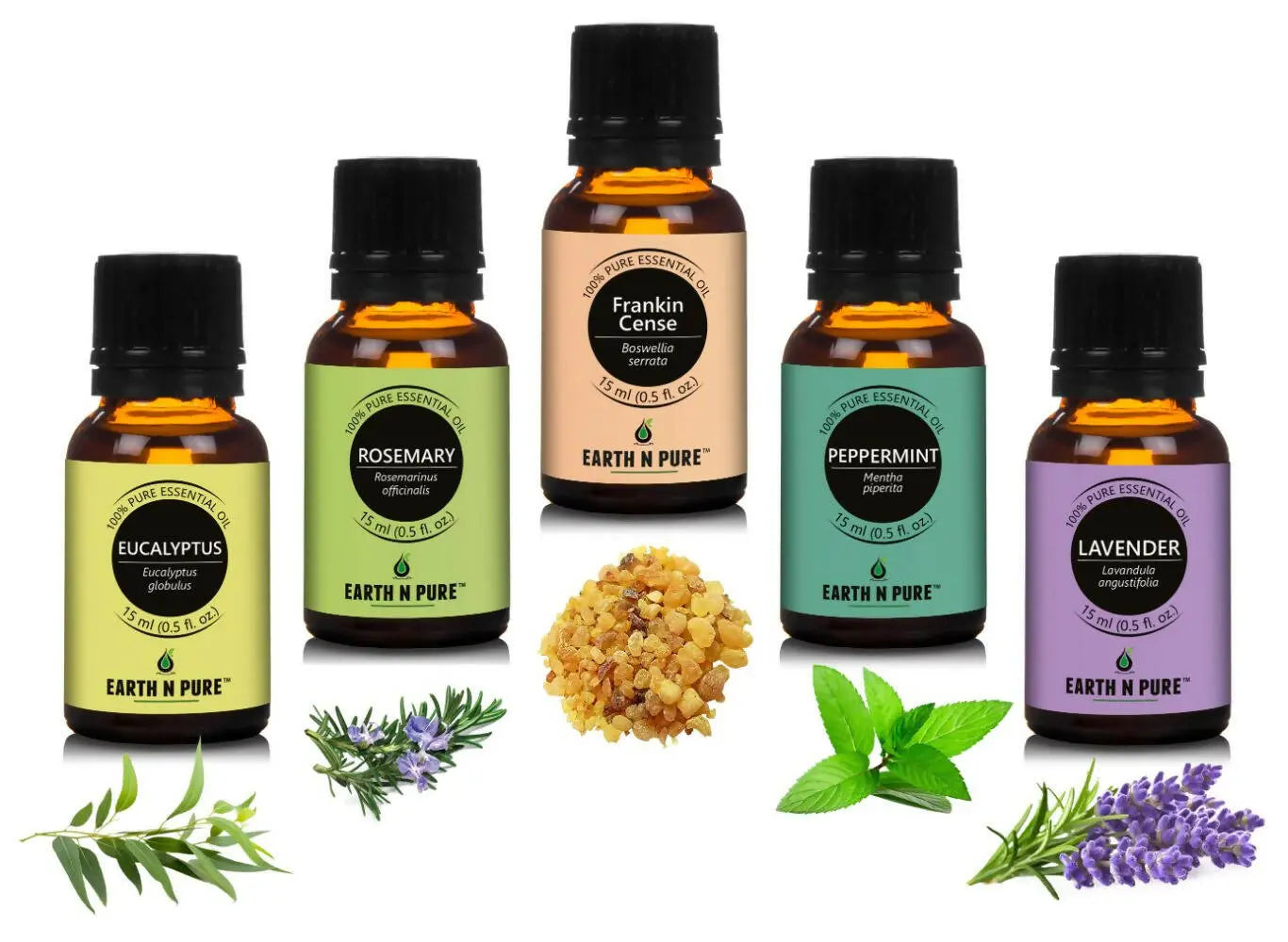 Earth N Pure Essential Oils (Eucalyptus, Rosemary, Lavender, Frankincense & Peppermint) Combo | Earth N Pure | Wiccan Center