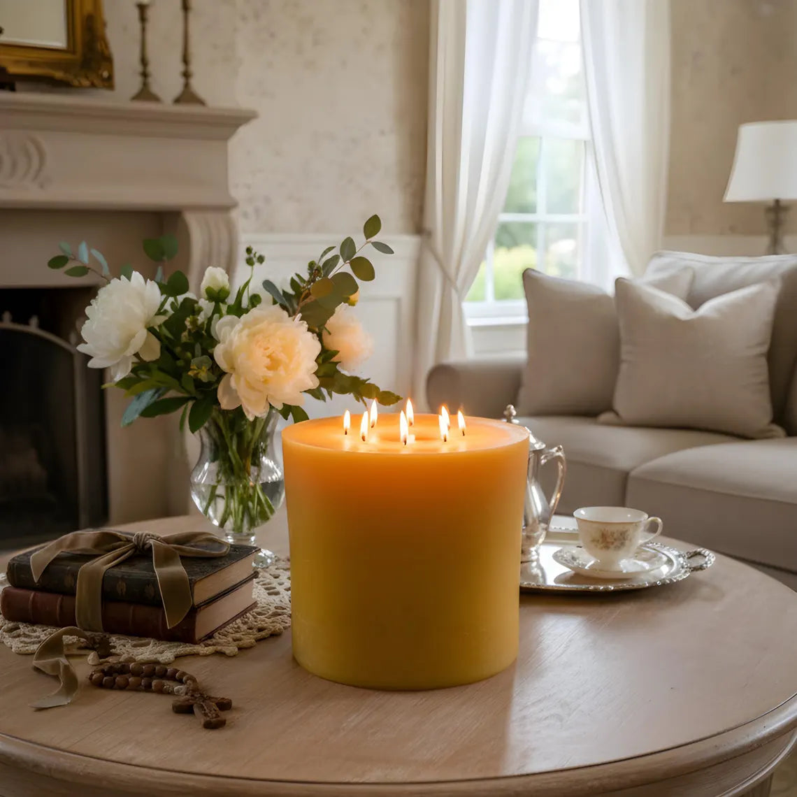 Bonfire Yellow Beeswax Candle Eight-Wick Luxury Statement Pillar 9″ Tall 8″ Wide | Pillar Candles | Wiccan Center