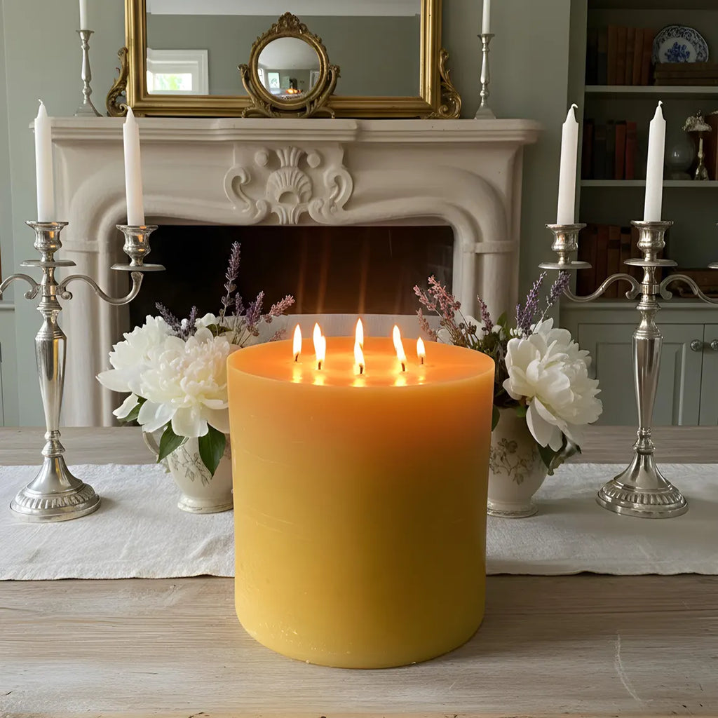 Bonfire Yellow Beeswax Candle Eight-Wick Luxury Statement Pillar 9″ Tall 8″ Wide | Pillar Candles | Wiccan Center