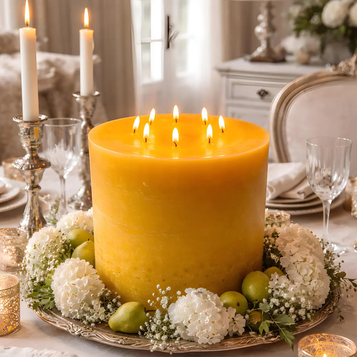 Bonfire Yellow Beeswax Candle Eight-Wick Luxury Statement Pillar 9″ Tall 8″ Wide | Pillar Candles | Wiccan Center