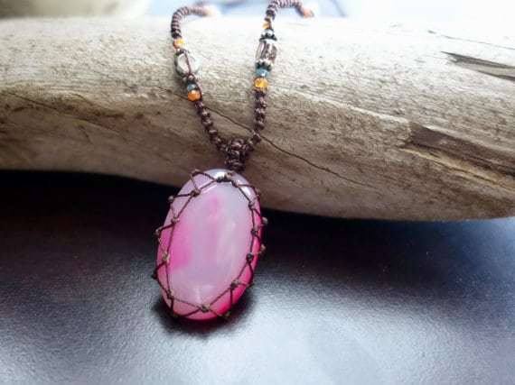 Pink Agate Macrame Necklace | Stone of Protection | Micro-Macrame | Unisex, Healing Crystal Jewelry | | Wiccan Center