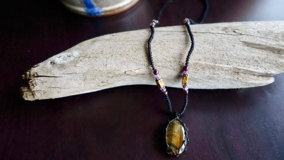 Tiger Eye Macrame Necklace | Stone for Protection | Unisex Healing Crystal | Micro Macrame | | Wiccan Center