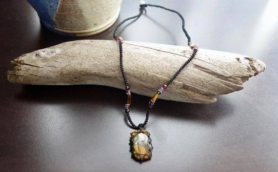 Tiger Eye Macrame Necklace | Stone for Protection | Unisex Healing Crystal | Micro Macrame | | Wiccan Center