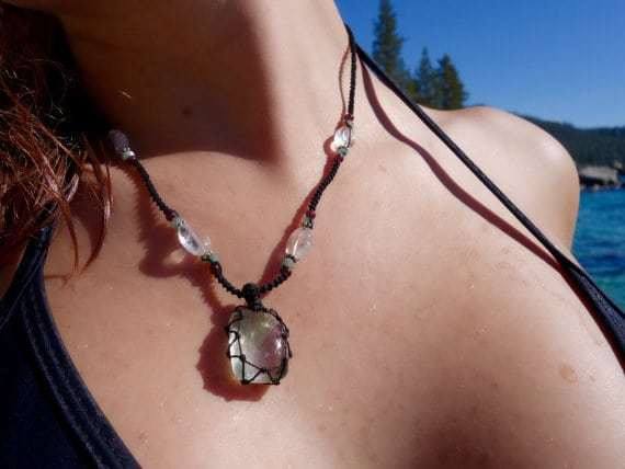 Green Calcite Macrame Necklace | Cleansing Healing Crystal | | Wiccan Center