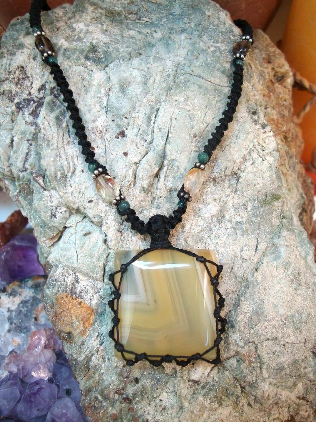 organic CHALCEDONY macrame Necklace – Your Stone for HARMONY – metaphysical healing crystal